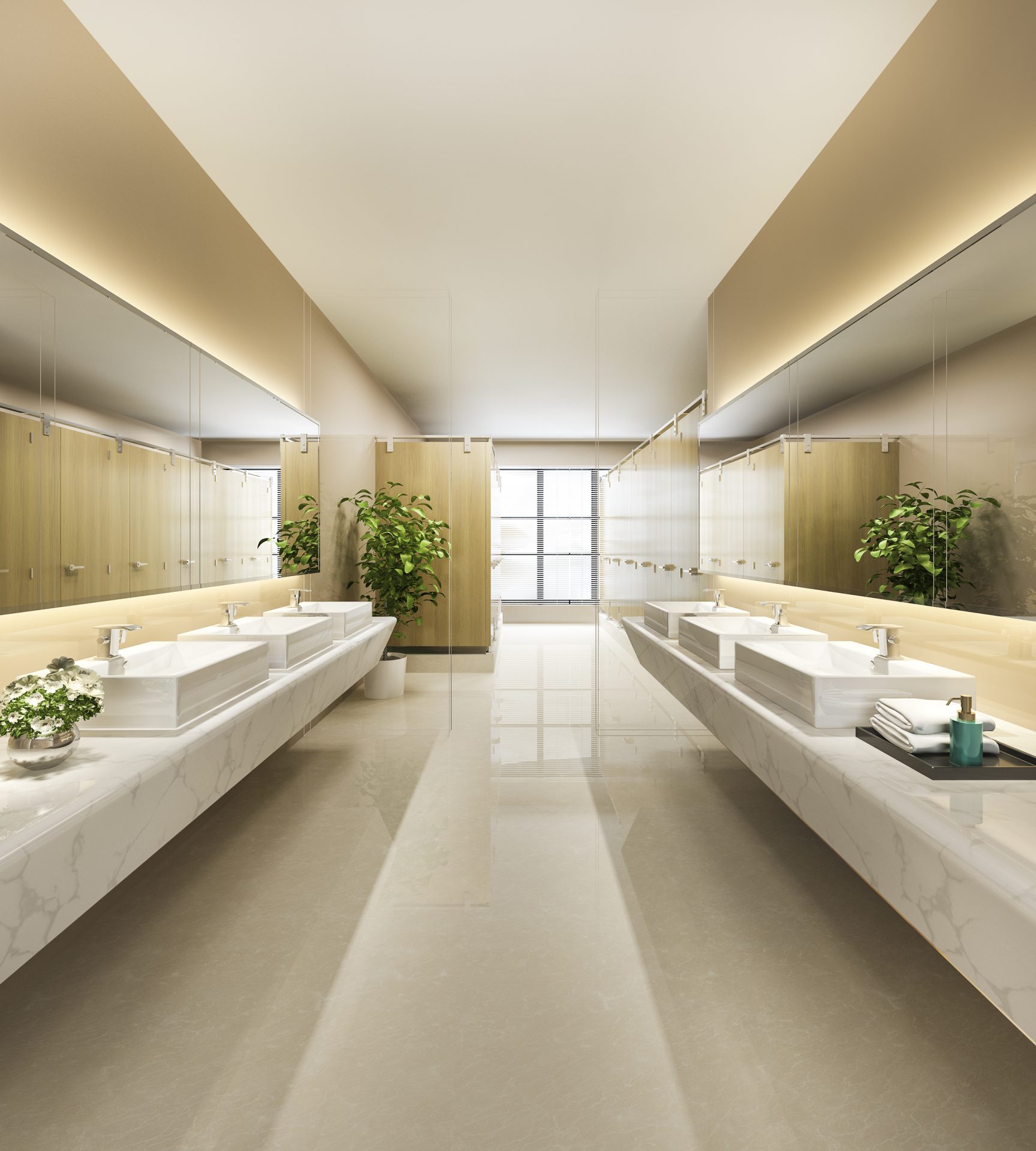 Commercial bathroom plumbing installation with multiple sinks and fittings