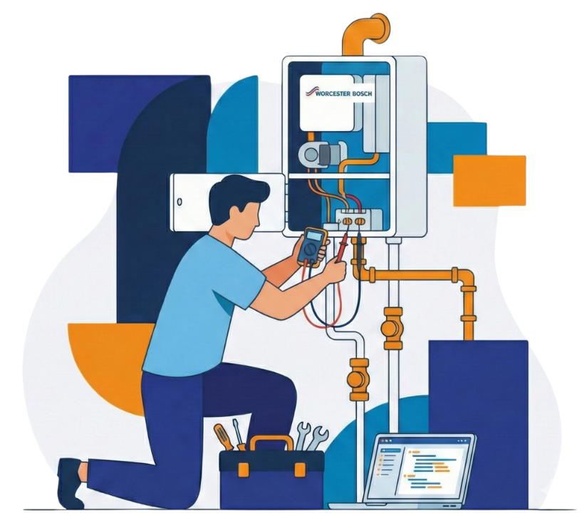 Engineer carrying out boiler servicing and fault diagnostics on a heating system