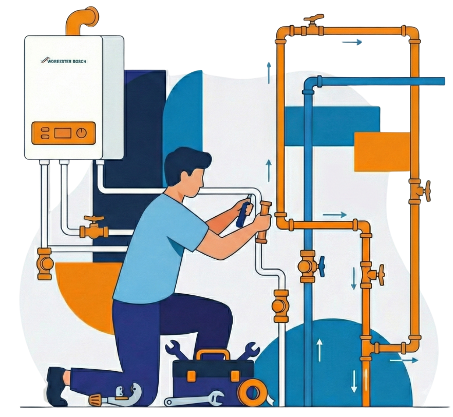 Commercial heating engineer installing and maintaining pipework and boiler system