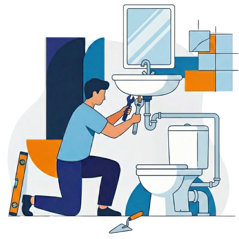 Bathroom installation work including sink and toilet fitting by professional plumber