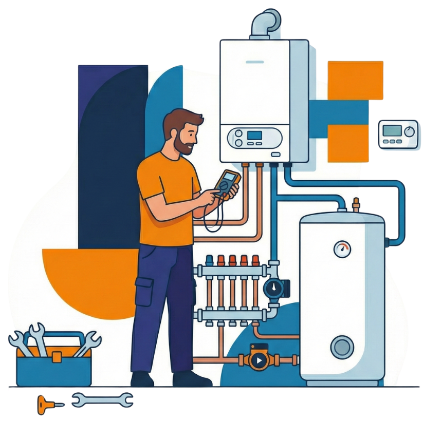 Central heating system upgrade installation diagram with boiler and pipework