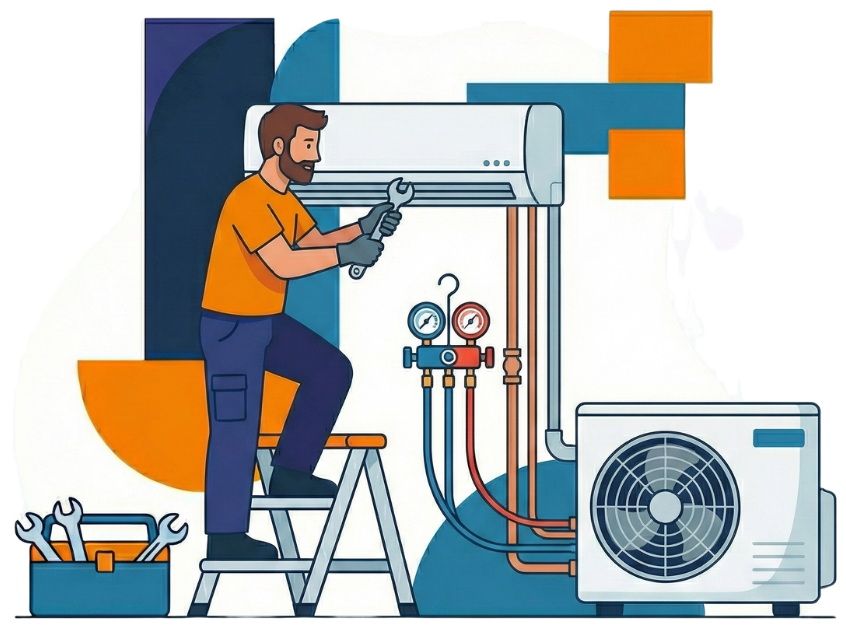 Air conditioning engineer installing AC system and pipework for efficient cooling