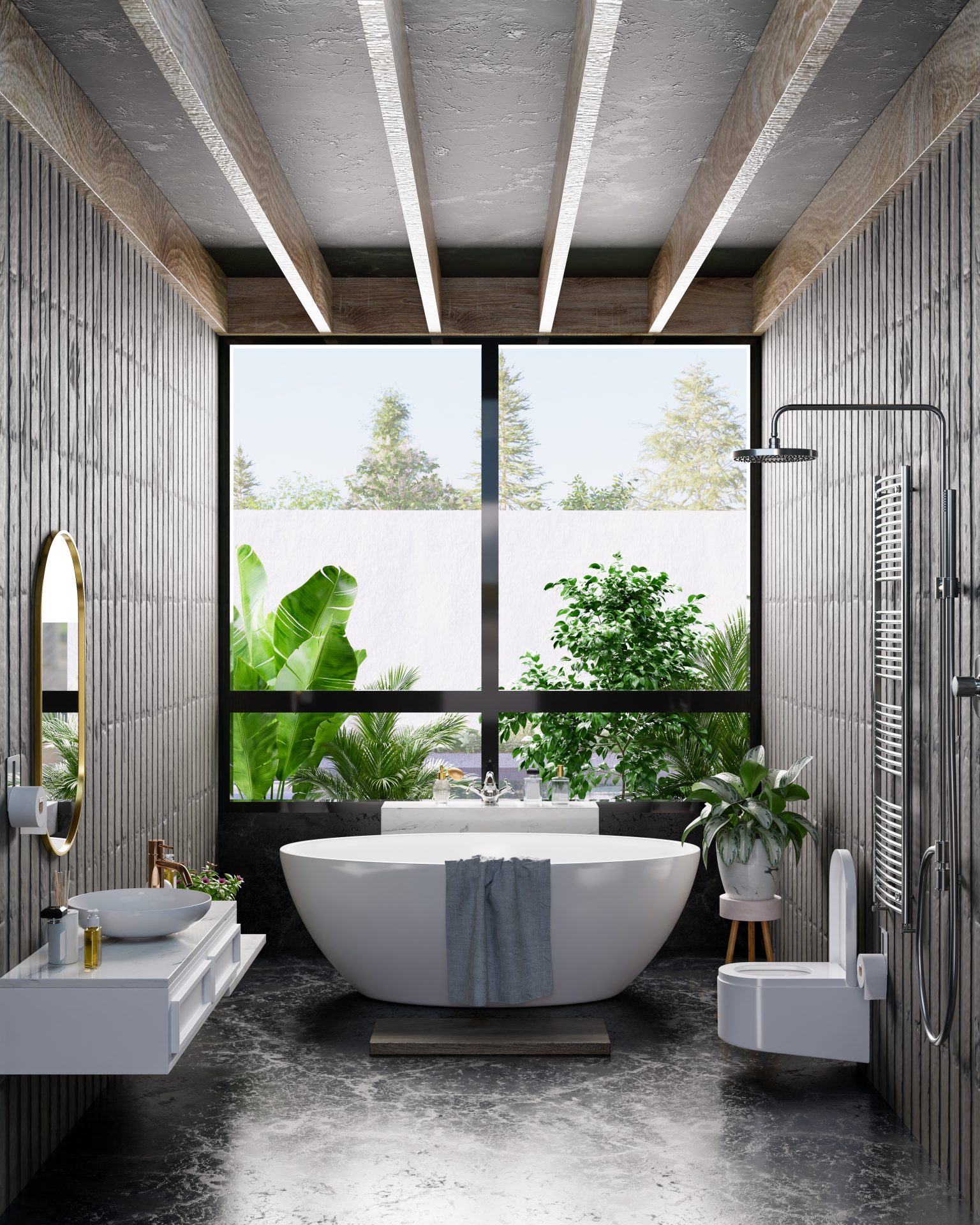 Stylish bathroom installation with freestanding bath and natural light