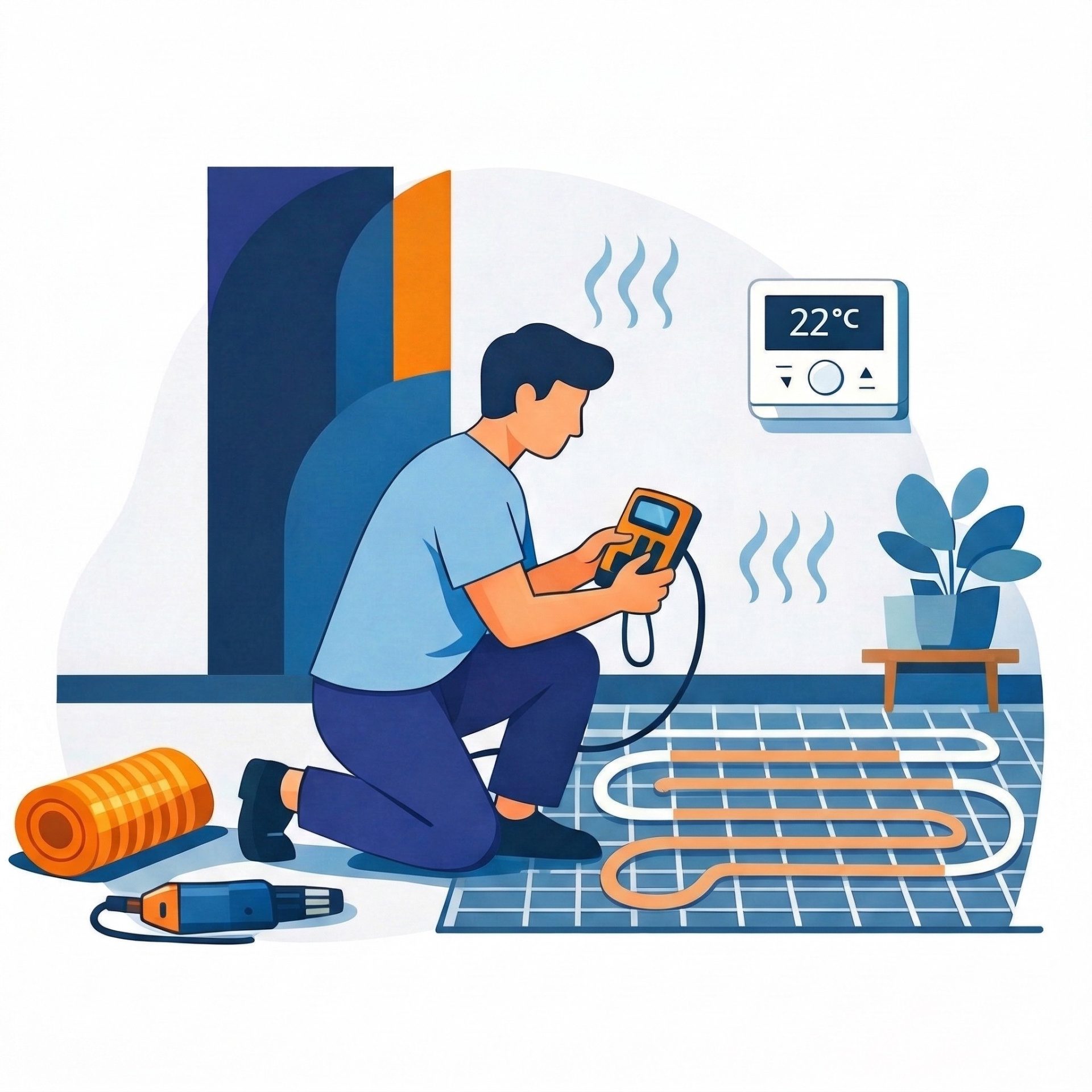 Underfloor heating system installation with electric heating mat and thermostat